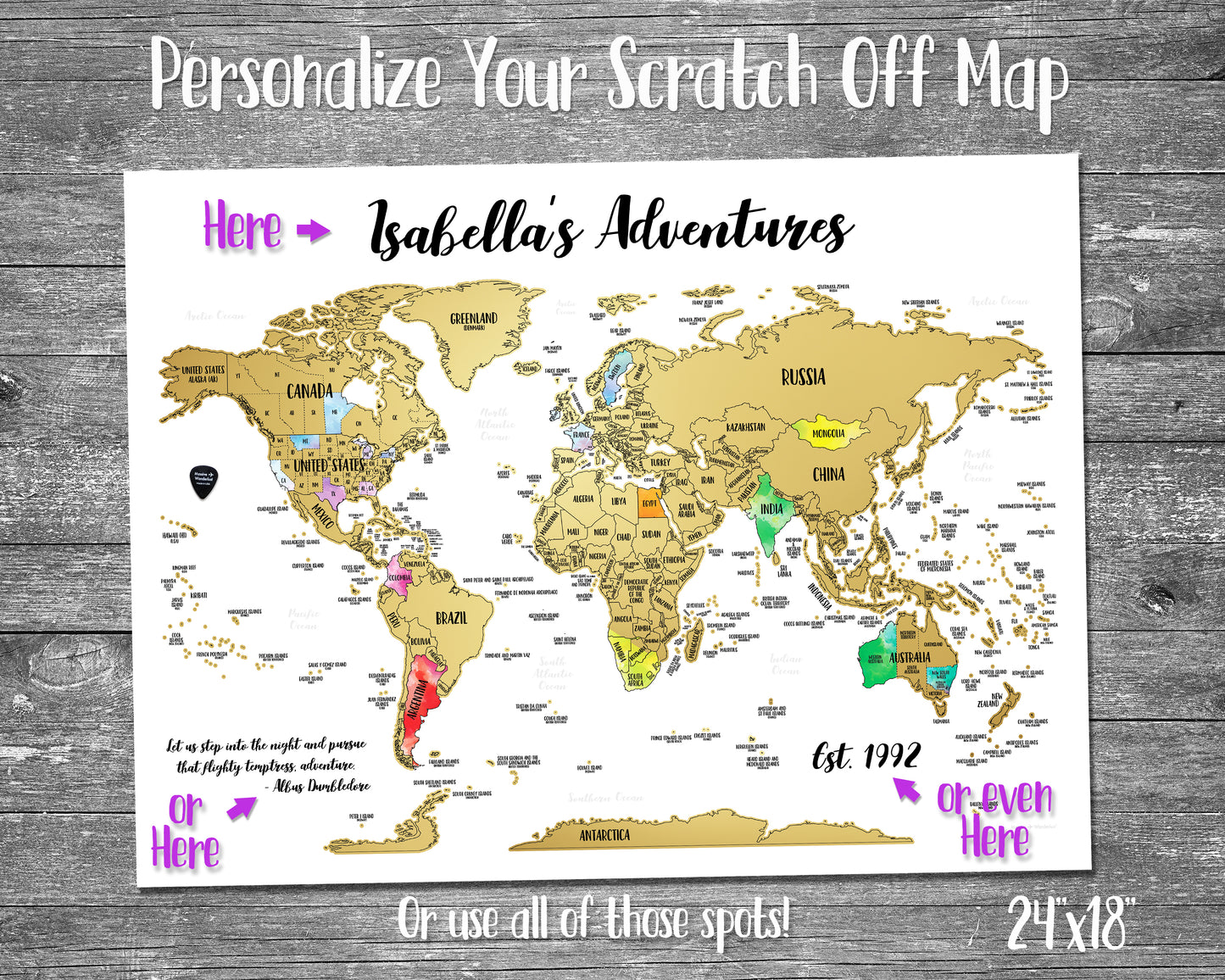 Gold- Custom World Scratch-Off Map - Size 24x18"