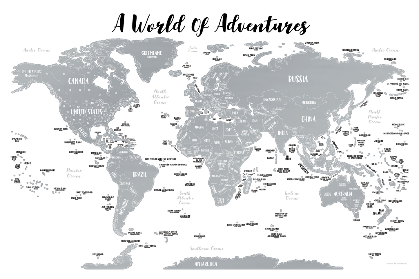 LARGE SILVER World Map (36x24)
