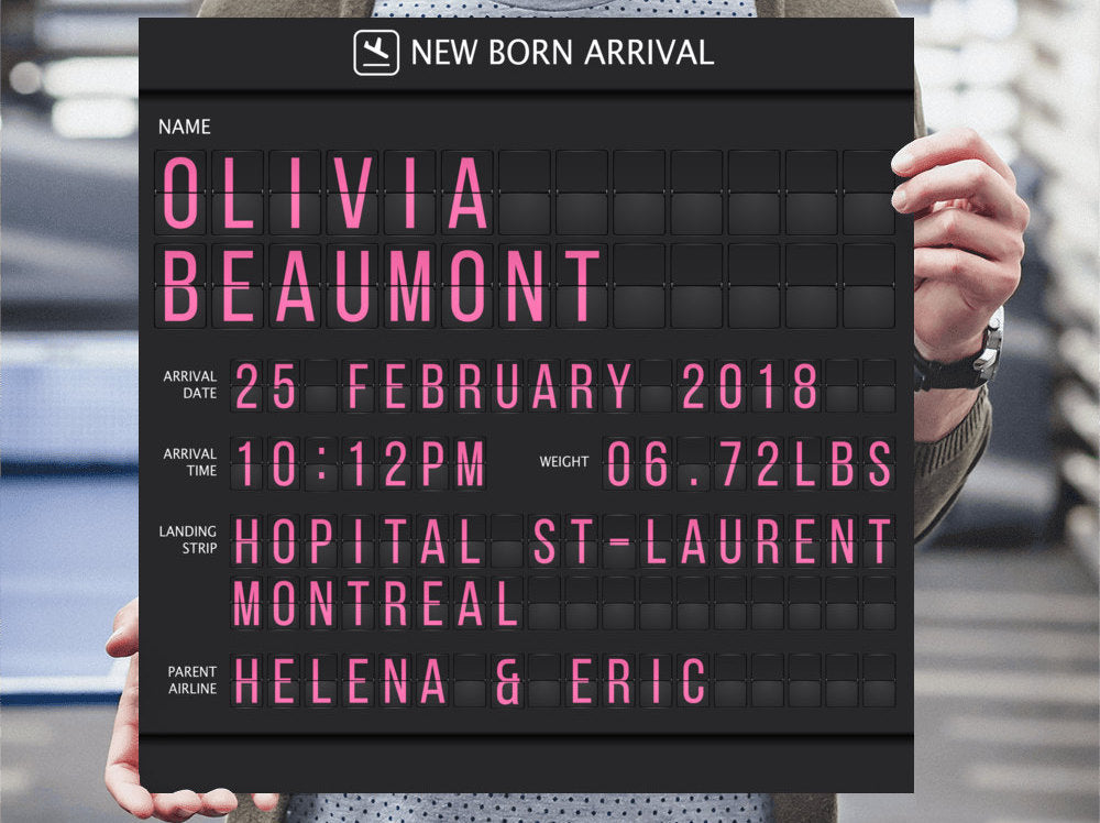 Digital-Only New Born Airport Arrival Board, Personalized