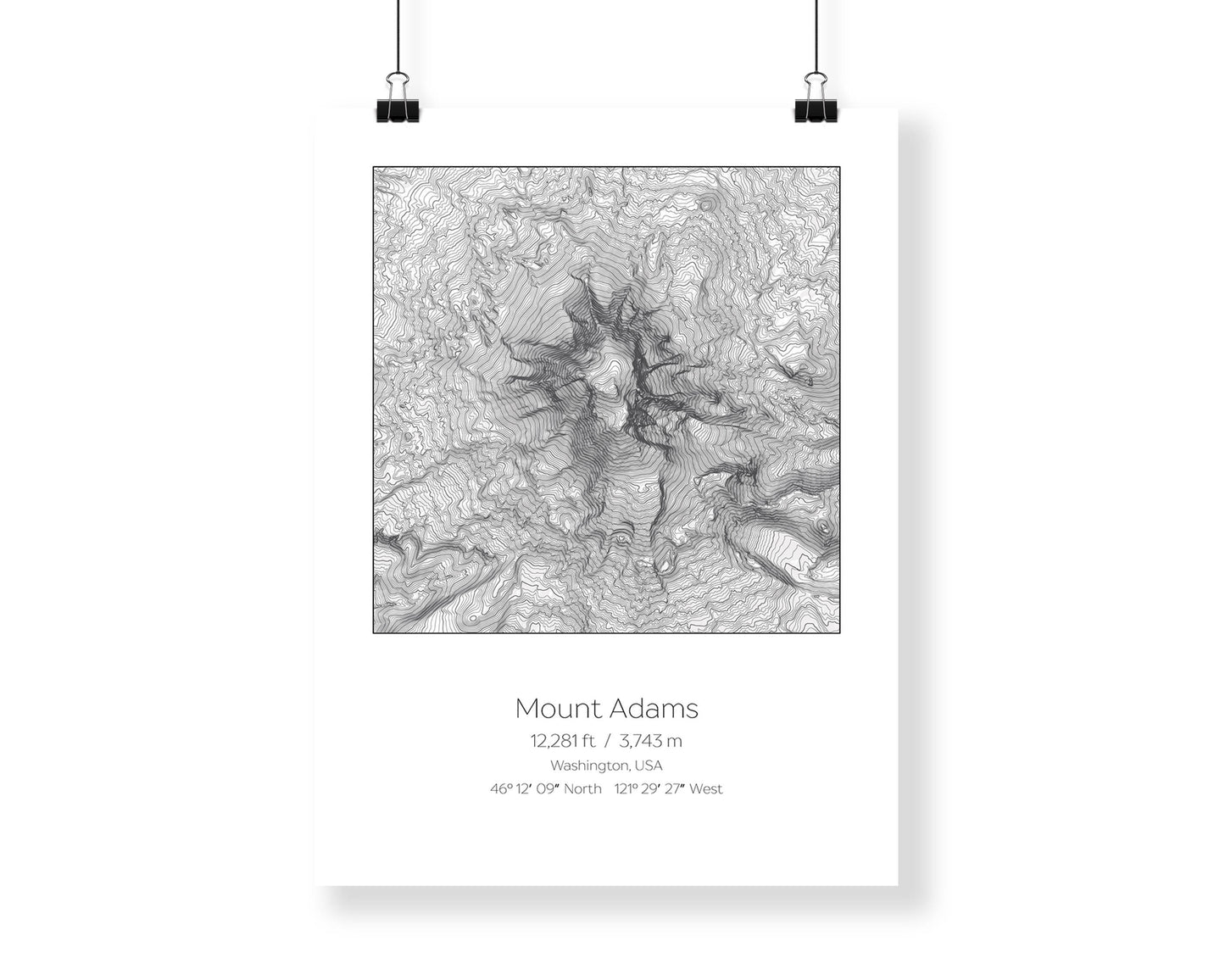 Mount Adams, Washington Topography Elevation Print Wall Art