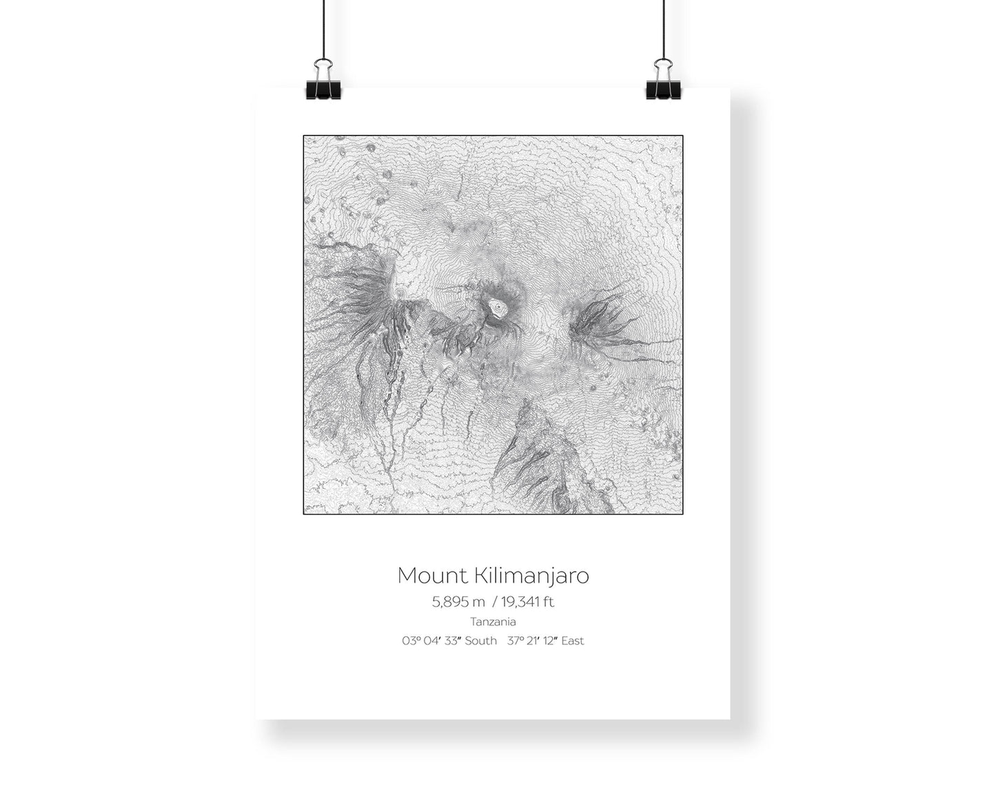 Mt Kilimanjaro, Tanzania Topography Elevation Print Wall Art