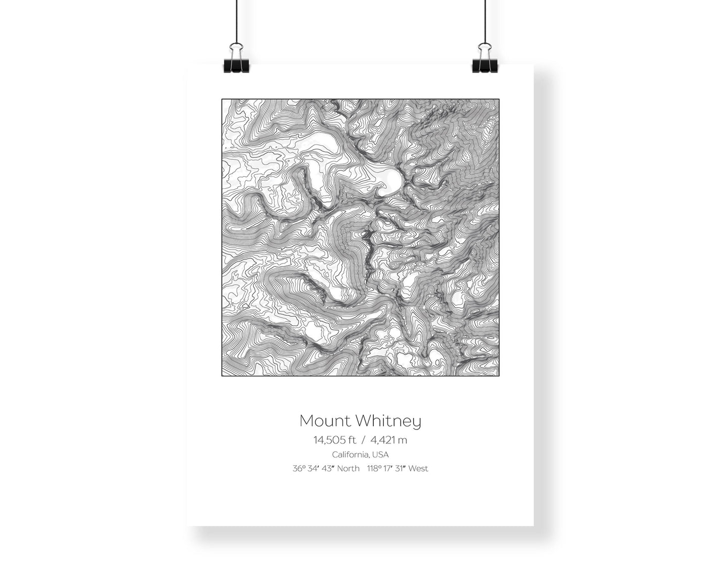 Mount Whitney, California Topography Elevation Print Wall Art