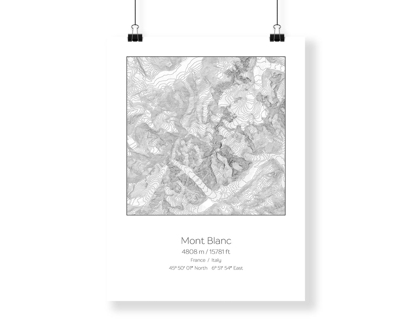 Mont Blanc, France Italy Topography Elevation Print Wall Art