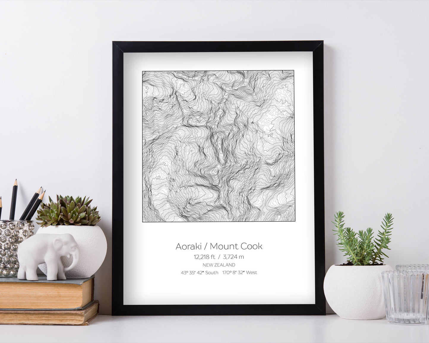 Aoraki Mount Cook, New Zealand Topography Elevation Print Wall Art