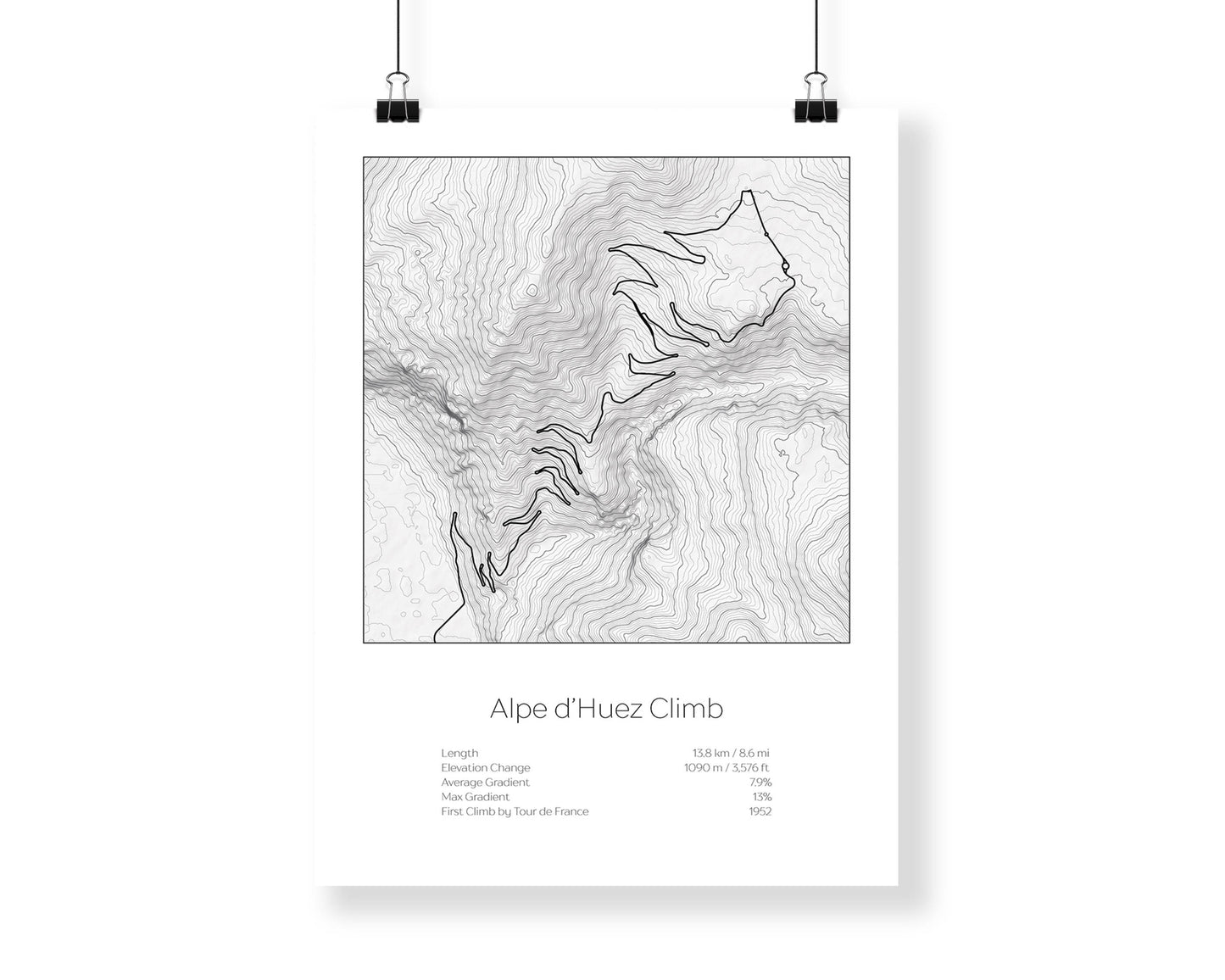Alpe d'Huez climb, Tour de France Bike raceTopography Elevation Print Wall Art