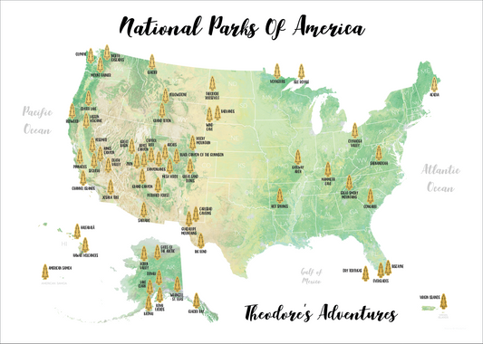 Custom National Parks mp with "National Parks on America" as title and custom text in the bottom right