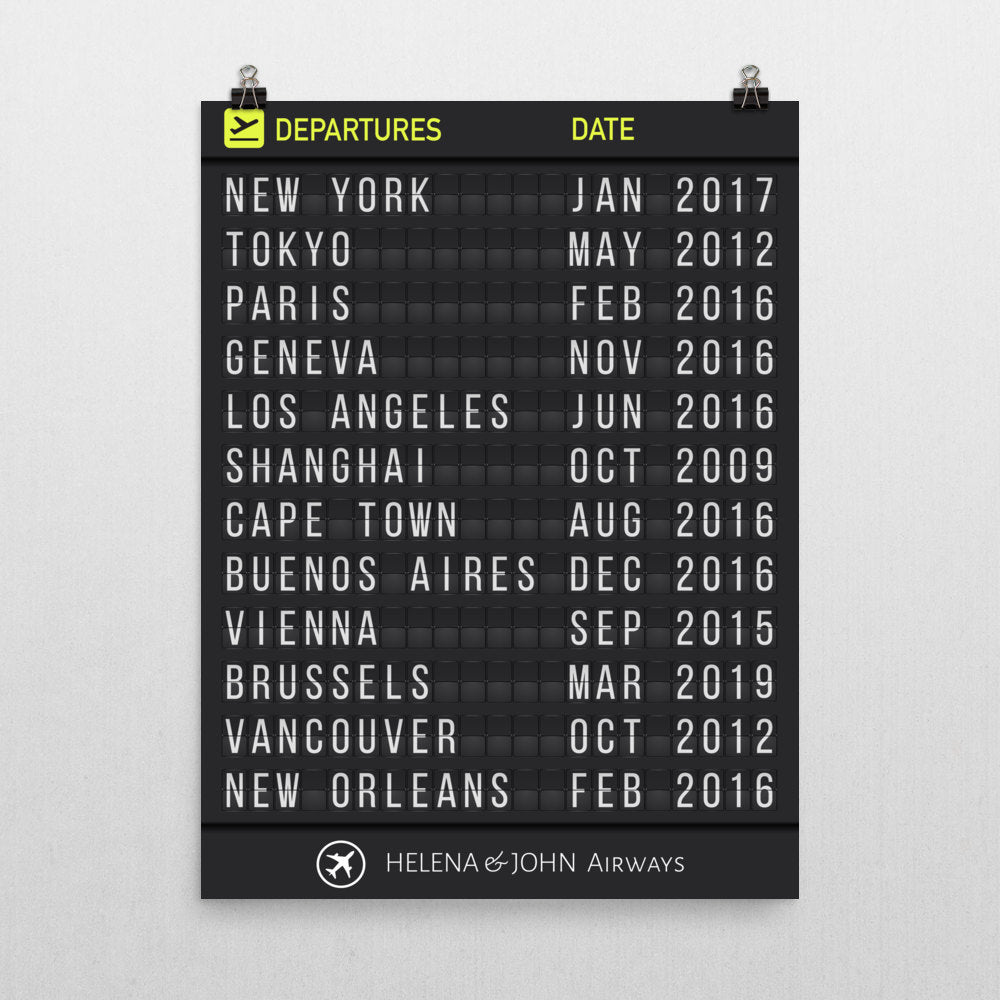 Printed Personalized Airport Flight Departure Board (with Bold Letters)