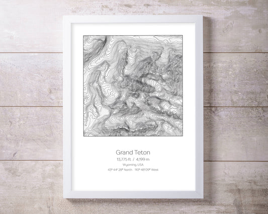 Grand Teton, Wyoming Topography Elevation Print Wall Art