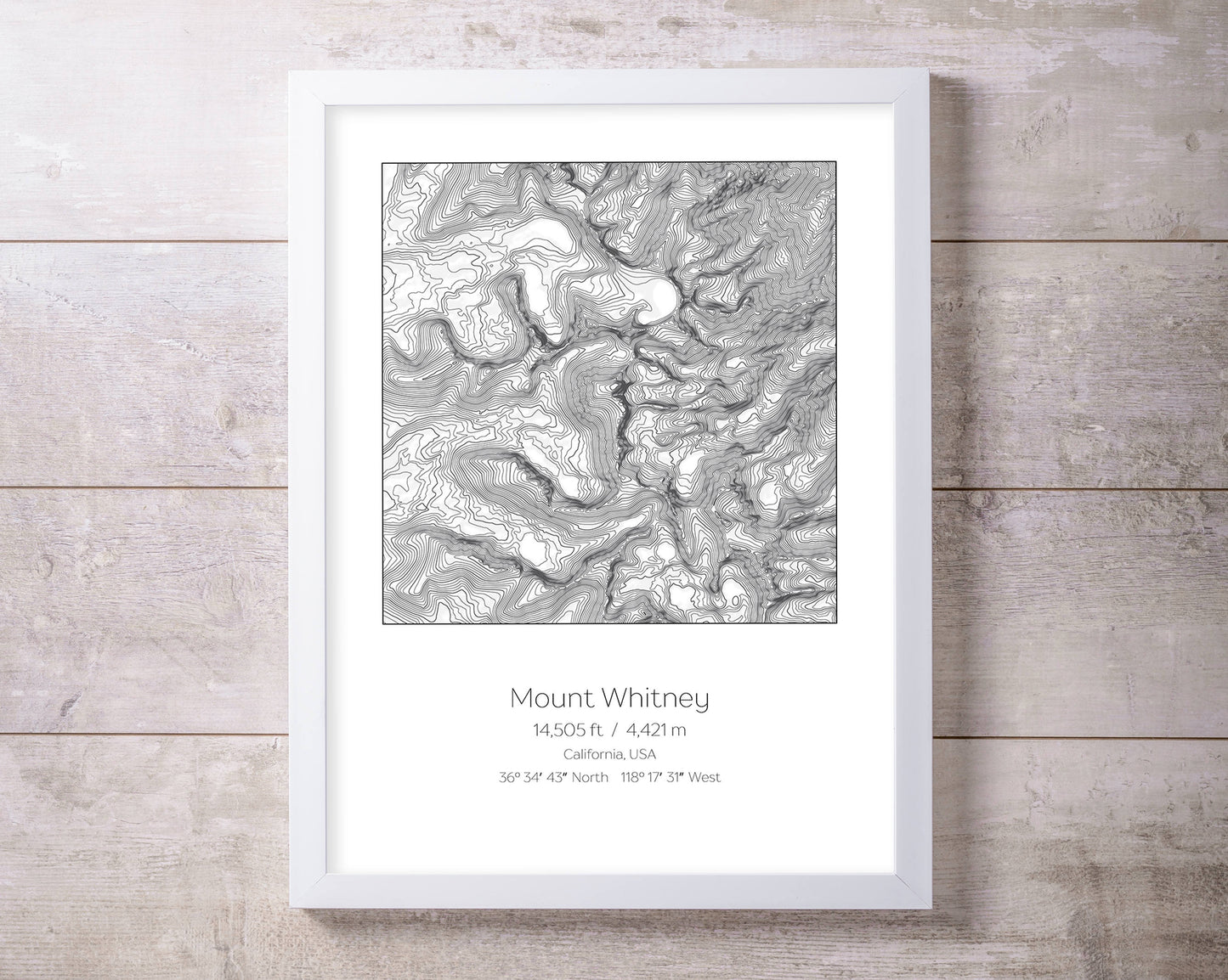 Mount Whitney, California Topography Elevation Print Wall Art