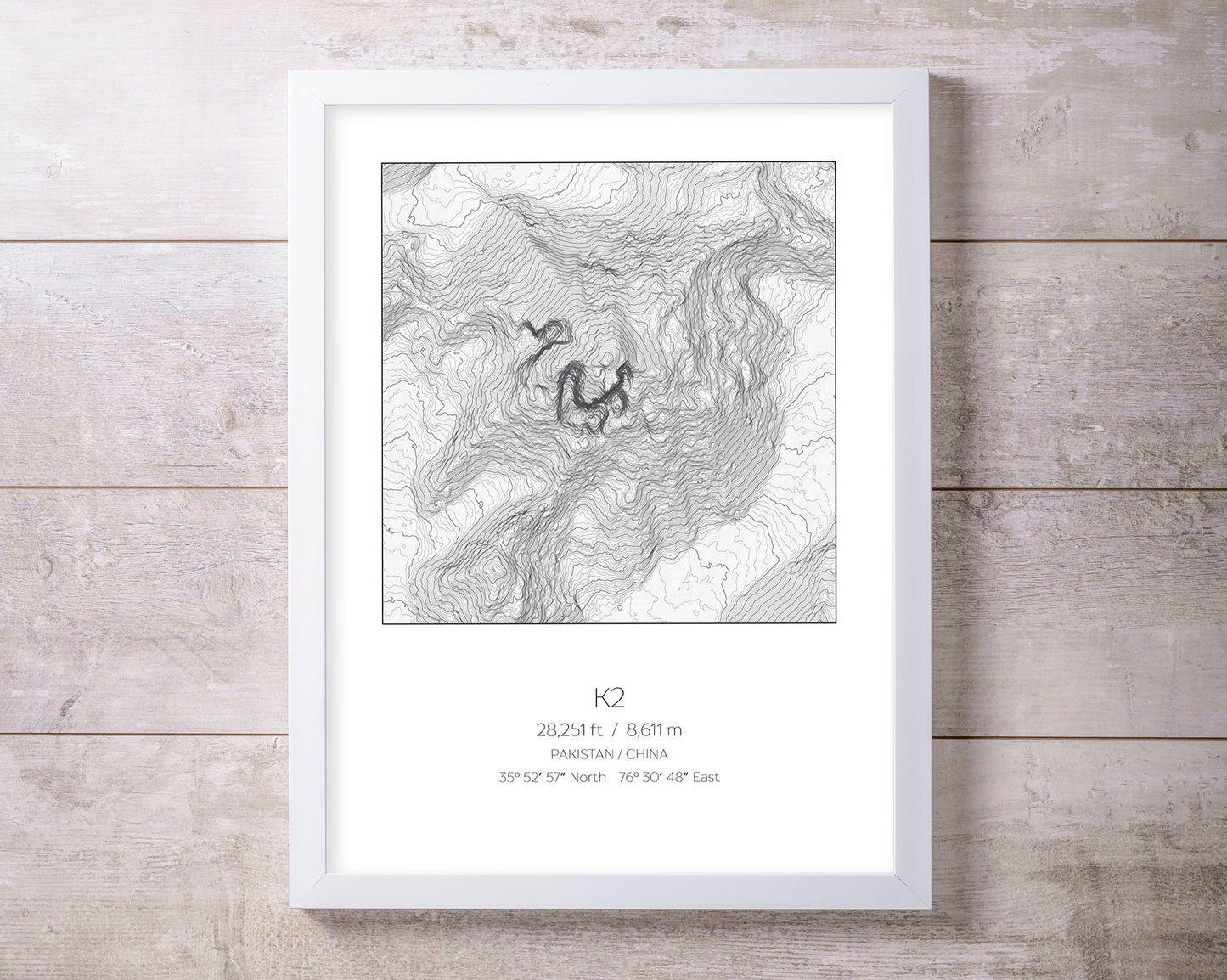 K2, Pakistan China Topography Elevation Print Wall Art