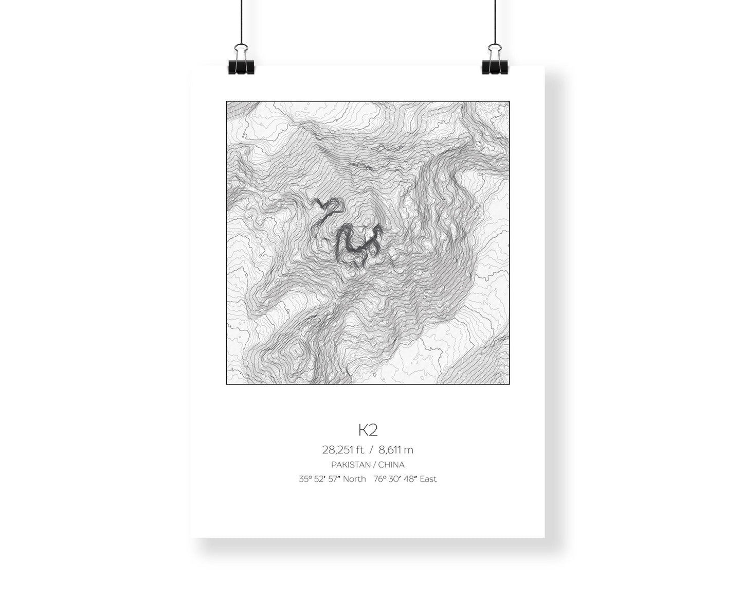 K2, Pakistan China Topography Elevation Print Wall Art