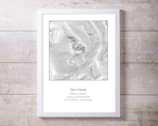 Ben Nevis, Scotland UK Topography Elevation Print Wall Art