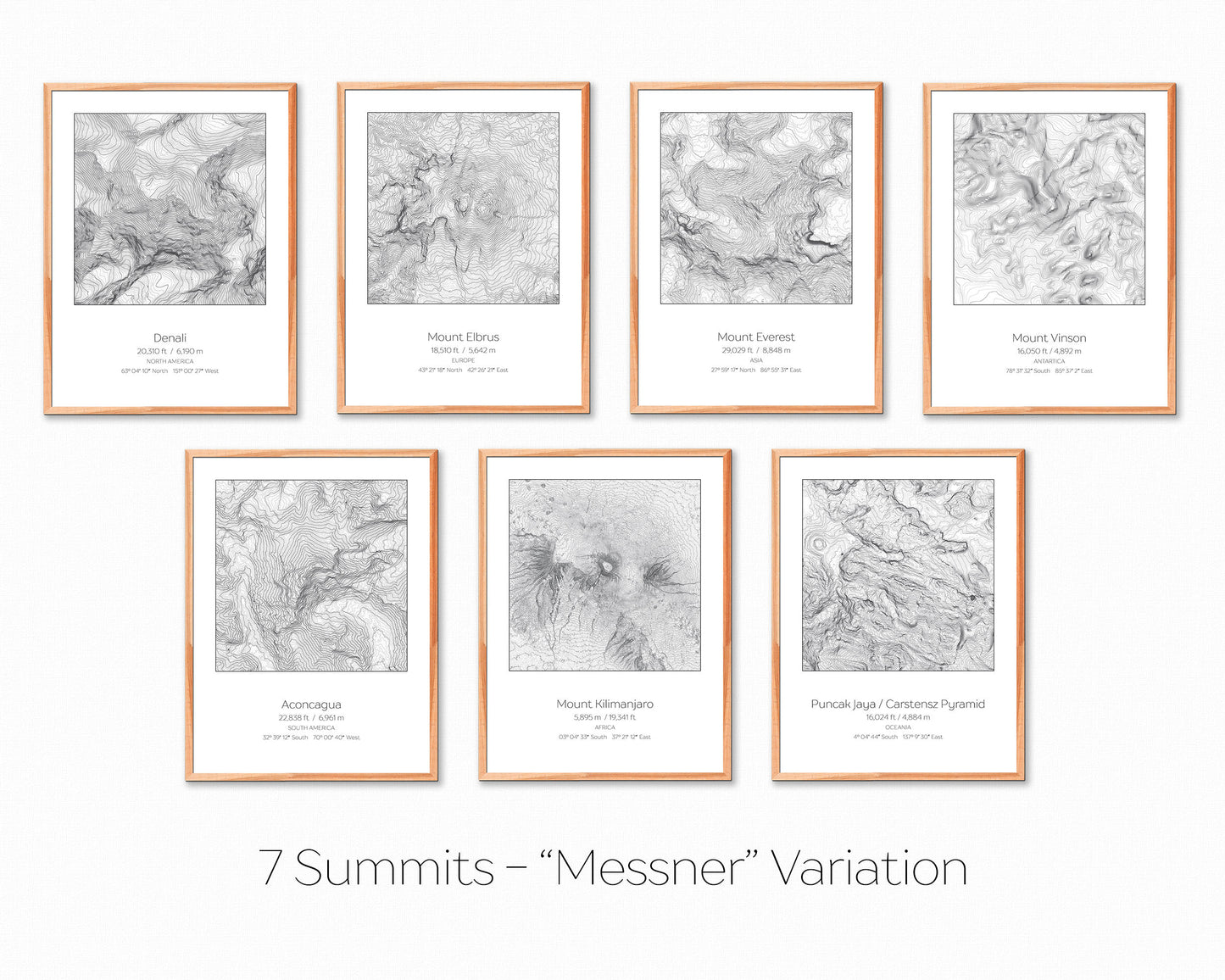 7 Summits, Messner Variation - 7 Prints - Topography Elevation Print Wall Art
