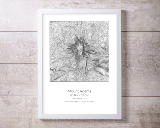 Mount Adams, Washington Topography Elevation Print Wall Art