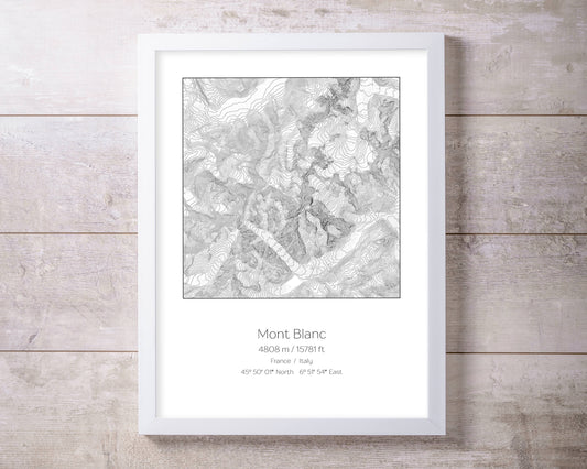 Mont Blanc, France Italy Topography Elevation Print Wall Art