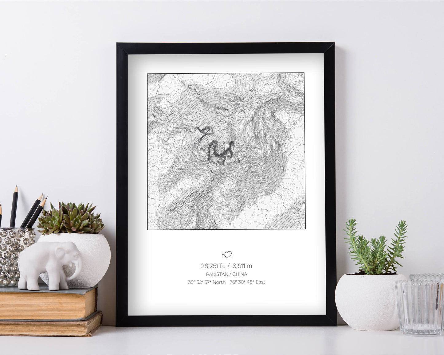 K2, Pakistan China Topography Elevation Print Wall Art