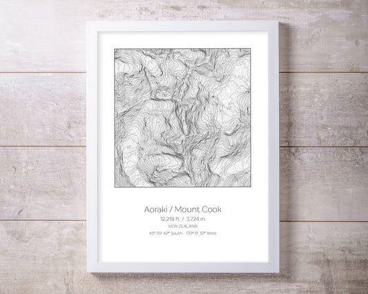 Aoraki Mount Cook, New Zealand Topography Elevation Print Wall Art