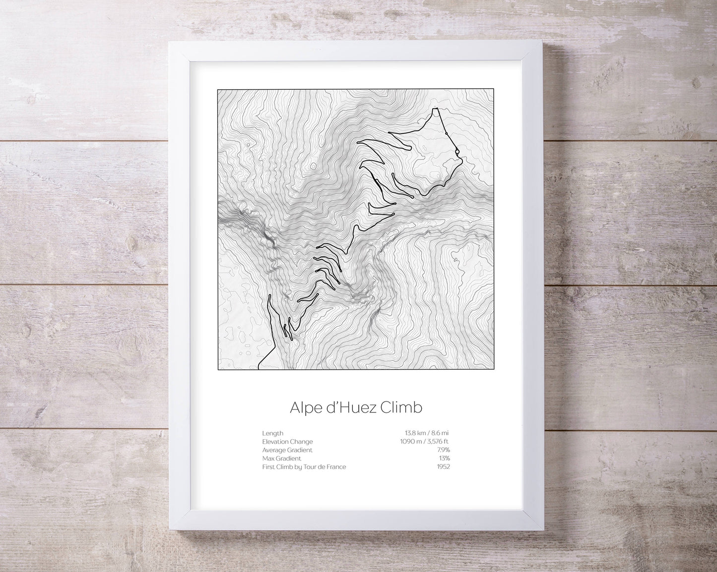 Alpe d'Huez climb, Tour de France Bike raceTopography Elevation Print Wall Art