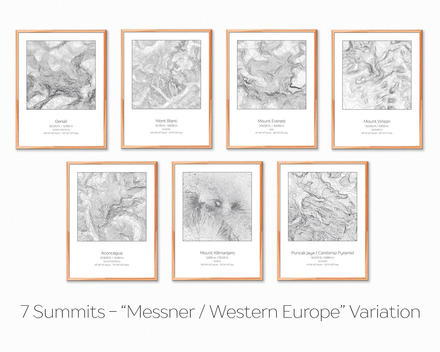 7 Summits, Messner / Western Europe Variation - 7 Prints - Topography Elevation Print Wall Art