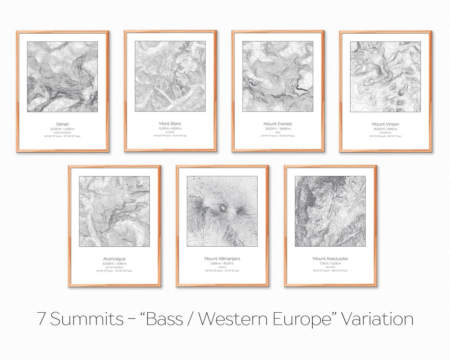 7 Summits, Bass / Western Europe Variation - 7 Prints - Topography Elevation Print Wall Art